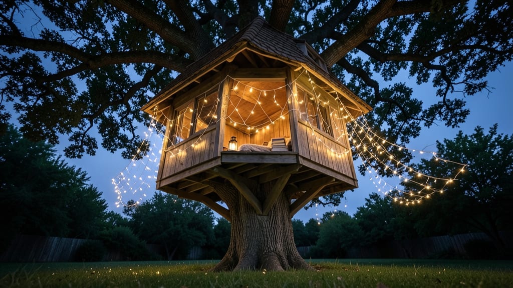 Treehouse with a Fairy Light Canopy
