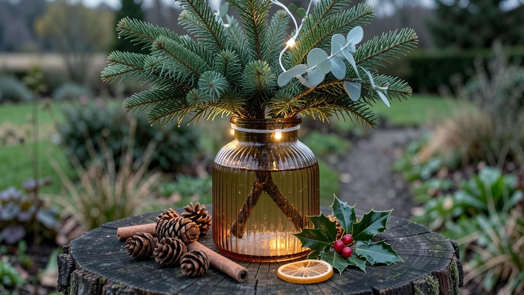 Christmas Tree Branches in Vase: Rustic Holiday Centerpiece With Evergreen Elegance